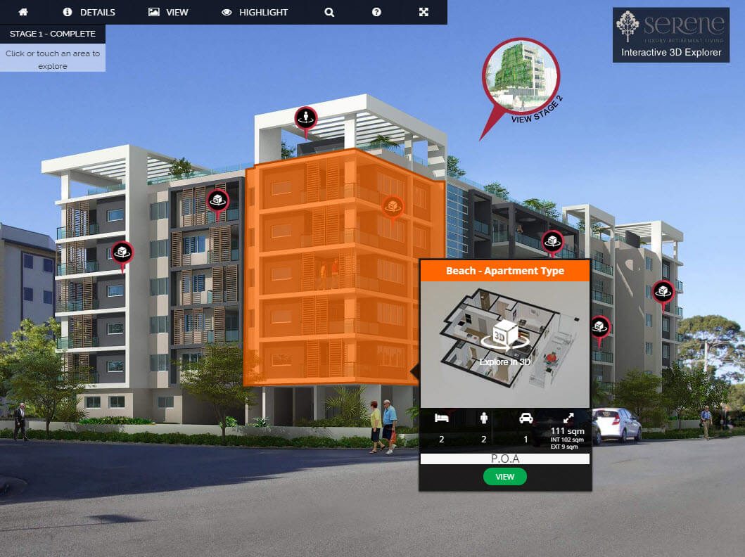 Interactive explorer with 3D tours and interactive 3D floor plans