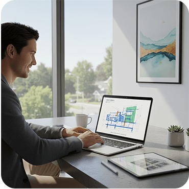 Illustration of person entering home address on a map to request drone view.
